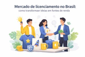 Ilustração sobre o mercado de licenciamento no Brasil, mostrando três pessoas em um ambiente profissional. Uma delas segura uma lâmpada acesa simbolizando uma ideia criativa, enquanto outra apresenta um contrato com ícone de lâmpada e aperta a mão de um parceiro que segura dinheiro, representando um acordo comercial. Sobre a mesa há produtos licenciados como camisetas, canecas, bolsas e moedas, além de símbolos de proteção de marca. A cena destaca a transformação de ideias em fontes de renda por meio de parcerias estratégicas.