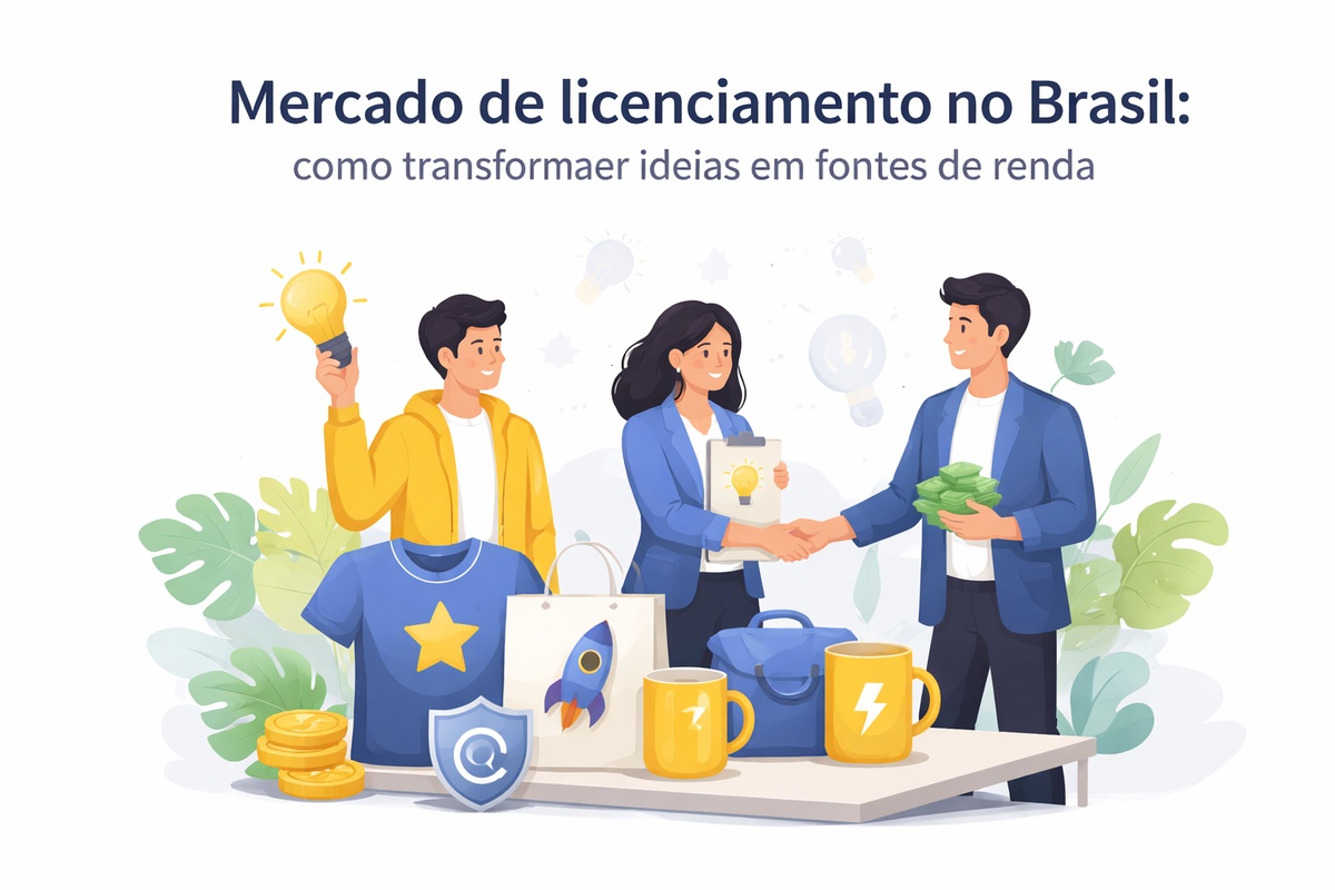Ilustração sobre o mercado de licenciamento no Brasil, mostrando três pessoas em um ambiente profissional. Uma delas segura uma lâmpada acesa simbolizando uma ideia criativa, enquanto outra apresenta um contrato com ícone de lâmpada e aperta a mão de um parceiro que segura dinheiro, representando um acordo comercial. Sobre a mesa há produtos licenciados como camisetas, canecas, bolsas e moedas, além de símbolos de proteção de marca. A cena destaca a transformação de ideias em fontes de renda por meio de parcerias estratégicas.