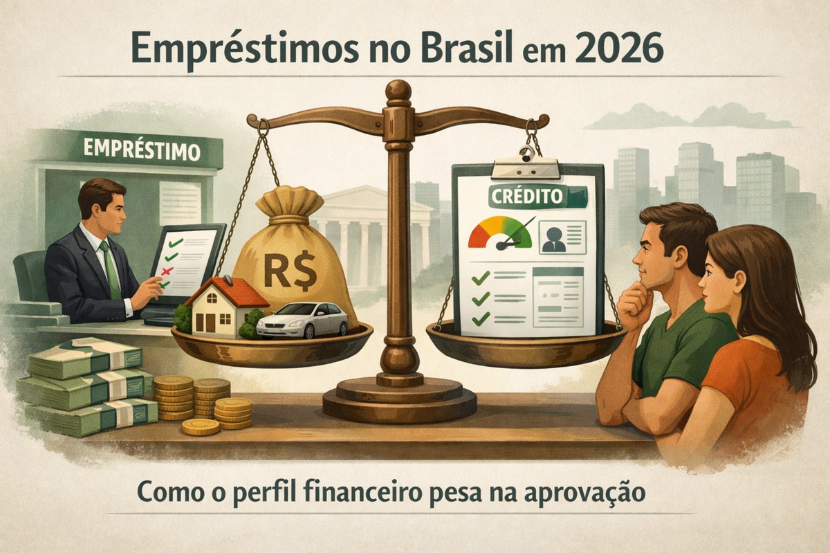 Ilustração sobre empréstimos no Brasil em 2026, destacando como o perfil financeiro influencia a aprovação de crédito. A imagem mostra uma balança simbolizando a análise de risco, com um saco de dinheiro em reais, uma casa e um carro de um lado, representando o valor do empréstimo, e um painel de crédito com score, histórico e indicadores do outro. À esquerda, um analista financeiro avalia documentos, enquanto à direita um casal reflete sobre a decisão, simbolizando o processo de concessão de crédito, critérios financeiros e avaliação do consumidor no mercado brasileiro.