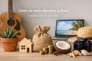 Imagem ilustrativa sobre fontes de renda alternativa no Brasil, destacando caminhos além do salário fixo. A cena apresenta um saco de dinheiro, pilhas de moedas, uma casa de madeira, um notebook com paisagem tropical na tela, uma câmera fotográfica, um chapéu, um violão e elementos naturais como coco e plantas. Os objetos simbolizam empreendedorismo, trabalho remoto, economia criativa, investimentos, turismo, produção de conteúdo e diferentes formas de gerar renda complementar no contexto brasileiro.