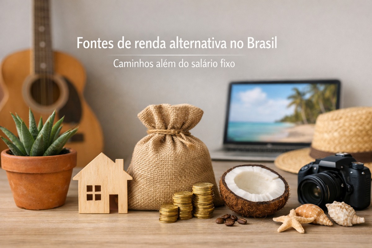 Imagem ilustrativa sobre fontes de renda alternativa no Brasil, destacando caminhos além do salário fixo. A cena apresenta um saco de dinheiro, pilhas de moedas, uma casa de madeira, um notebook com paisagem tropical na tela, uma câmera fotográfica, um chapéu, um violão e elementos naturais como coco e plantas. Os objetos simbolizam empreendedorismo, trabalho remoto, economia criativa, investimentos, turismo, produção de conteúdo e diferentes formas de gerar renda complementar no contexto brasileiro.