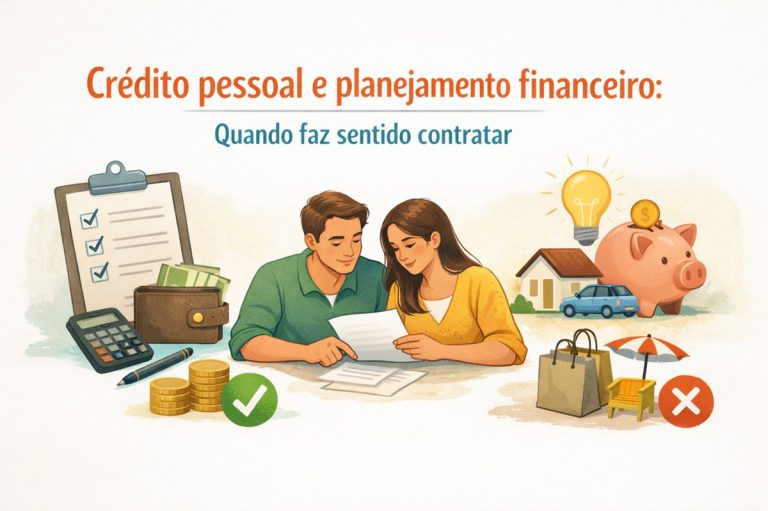 Ilustração sobre crédito pessoal e planejamento financeiro. No topo da imagem está o título “Crédito pessoal e planejamento financeiro: Quando faz sentido contratar”. No centro, um casal ilustrado está sentado à mesa analisando documentos financeiros; o homem veste camisa verde e a mulher usa blusa amarela. Ao redor deles aparecem elementos visuais relacionados a finanças: uma prancheta com checklist marcado, carteira com dinheiro, calculadora, pilhas de moedas com um símbolo de verificação verde, uma casa, um carro, um cofrinho rosa com moeda, uma lâmpada simbolizando ideia e planejamento, sacolas de compras e uma cadeira de praia com guarda-sol acompanhadas de um símbolo de “X” vermelho, indicando gastos não prioritários. A composição transmite a ideia de avaliação consciente antes de contratar crédito.