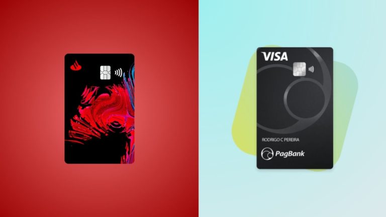 Imagem comparativa dividida ao meio. À esquerda, fundo em degradê vermelho com um cartão Santander preto em destaque, exibindo o logotipo do banco no canto superior, chip e símbolo de pagamento por aproximação. O design do cartão apresenta uma arte abstrata em vermelho vibrante formando a cabeça estilizada de um touro. À direita, fundo azul claro com forma orgânica verde ao centro, onde aparece um cartão PagBank Visa preto com chip e símbolo de pagamento por aproximação. No cartão está escrito o nome “RODRIGO C PEREIRA”, além do logotipo PagBank na parte inferior.