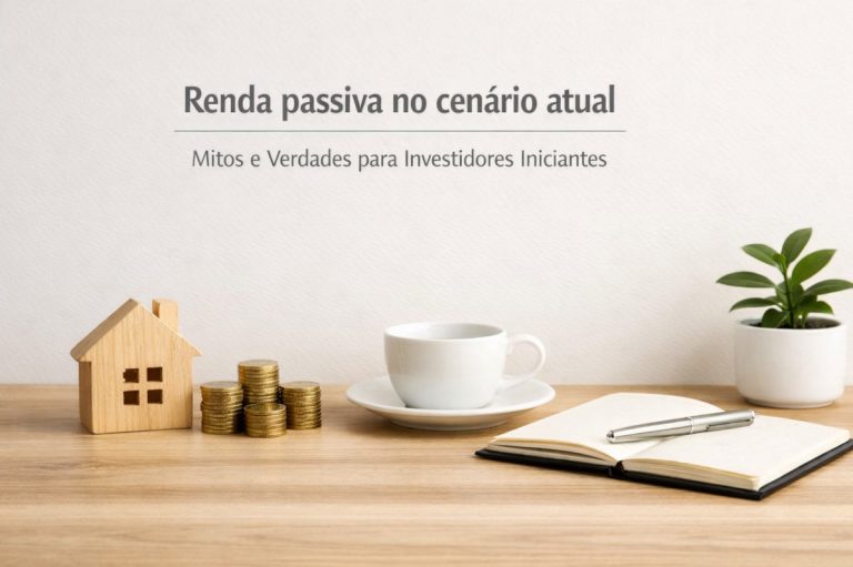 Mesa minimalista com casa de madeira, pilhas de moedas, xícara de café, caderno e planta, ilustrando renda passiva para investidores iniciantes.