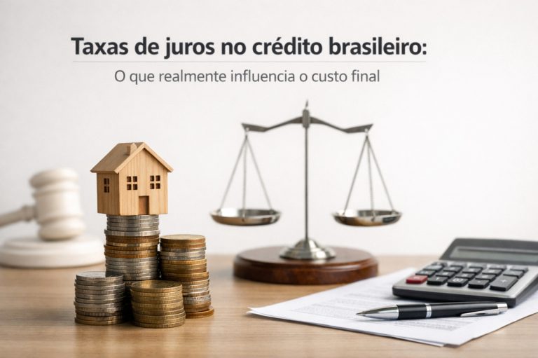 Pilhas de moedas com uma pequena casa de madeira no topo sobre uma mesa, ao lado de uma balança de justiça, calculadora, documentos e caneta, representando taxas de juros e fatores que influenciam o custo do crédito no Brasil.