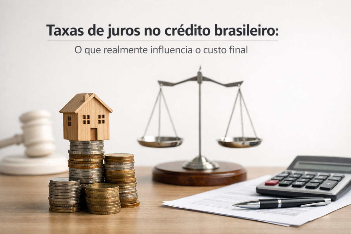 Pilhas de moedas com uma pequena casa de madeira no topo sobre uma mesa, ao lado de uma balança de justiça, calculadora, documentos e caneta, representando taxas de juros e fatores que influenciam o custo do crédito no Brasil.