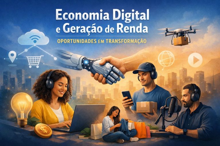 Economia digital e geração de renda com pessoas trabalhando online, e-commerce, criação de conteúdo, inteligência artificial e entrega por drone em cenário urbano moderno