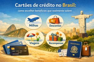 Cartões de crédito no Brasil com benefícios como milhas, descontos, viagens e recompensas, cenário do Rio de Janeiro com Cristo Redentor, passaporte, malas e cartões representando vantagens financeiras