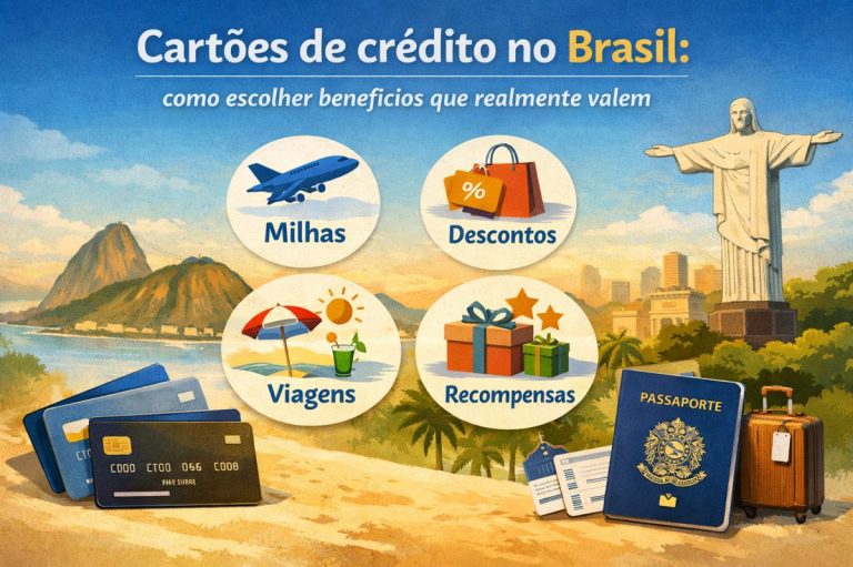 Cartões de crédito no Brasil com benefícios como milhas, descontos, viagens e recompensas, cenário do Rio de Janeiro com Cristo Redentor, passaporte, malas e cartões representando vantagens financeiras