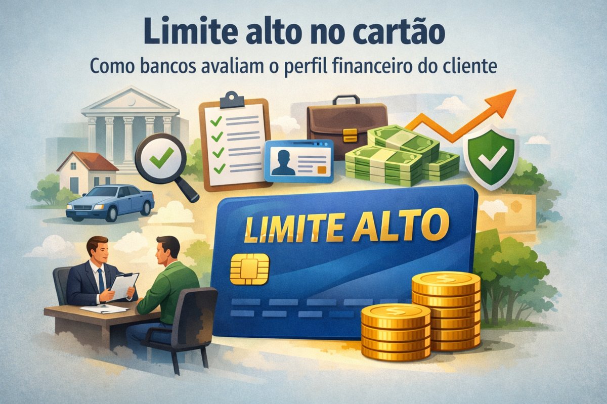 Ilustração sobre limite alto no cartão de crédito mostrando análise de perfil financeiro, cliente em reunião com banco, cartão com limite elevado, dinheiro, gráficos de crescimento e aprovação de crédito.