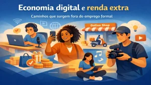 Economia digital e renda extra com pessoas trabalhando online, criando conteúdo, vendendo em loja virtual e gerando ganhos fora do emprego formal através da internet.