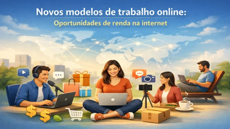 Novos modelos de trabalho online com pessoas usando notebook, criando conteúdo, vendendo produtos e gerando renda na internet, representando oportunidades digitais e economia conectada globalmente.