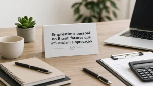 Empréstimo pessoal no Brasil com ambiente de trabalho minimalista mostrando caderno, calculadora, laptop e cartão com título sobre fatores que influenciam a aprovação de crédito em mesa organizada