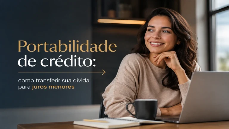 Mulher utilizando notebook em ambiente moderno e elegante, representando portabilidade de crédito e transferência de dívida para juros menores em cenário financeiro premium.
