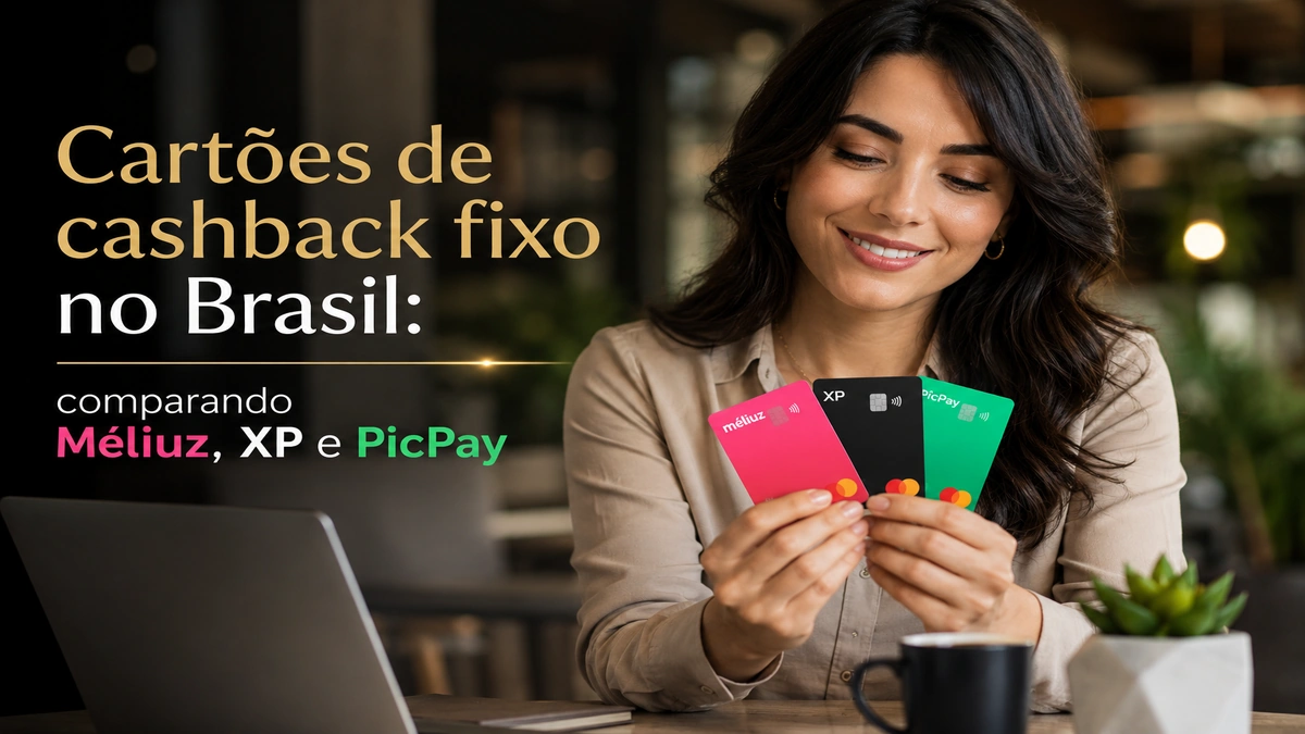 Mulher segurando cartões de cashback em ambiente moderno e sofisticado, representando comparação entre cartões Méliuz, XP e PicPay no Brasil.
