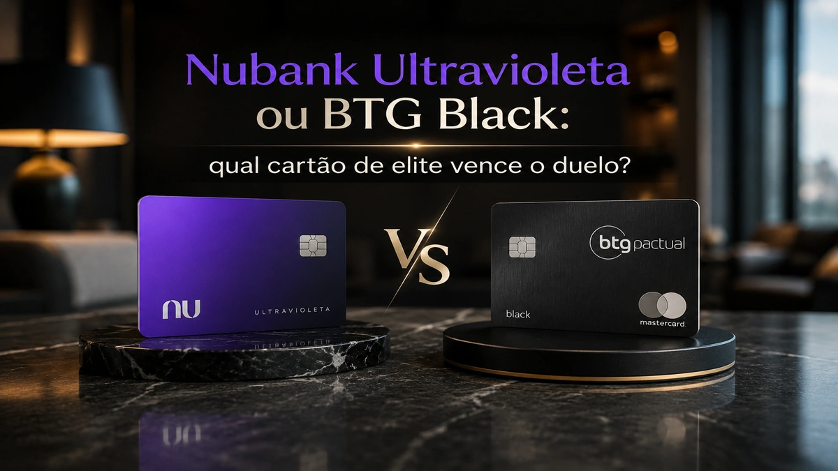 Comparação entre cartões premium Nubank Ultravioleta e BTG Black em ambiente sofisticado e moderno, representando duelo entre cartões de elite no Brasil.