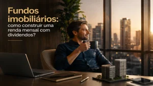 Homem observando a cidade em escritório moderno e sofisticado, representando fundos imobiliários e construção de renda mensal com dividendos.