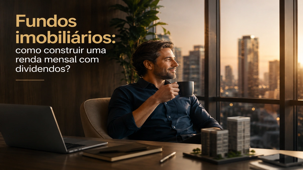 Homem observando a cidade em escritório moderno e sofisticado, representando fundos imobiliários e construção de renda mensal com dividendos.