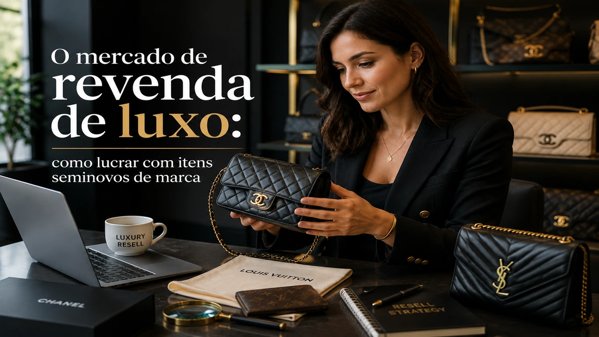 Mulher analisando bolsas de luxo seminovas em boutique sofisticada enquanto trabalha com revenda de itens de marca premium, representando o mercado de luxo e estratégias de lucro com produtos exclusivos