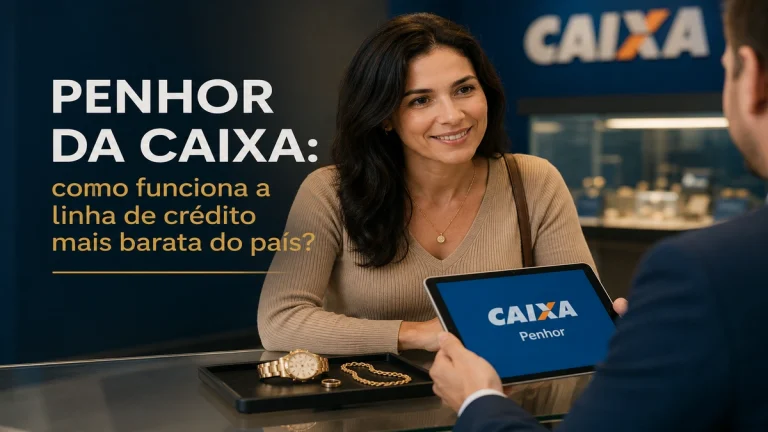 Cliente realizando penhor de joias na Caixa Econômica Federal para obter crédito com juros baixos, em ambiente moderno e profissional de atendimento financeiro