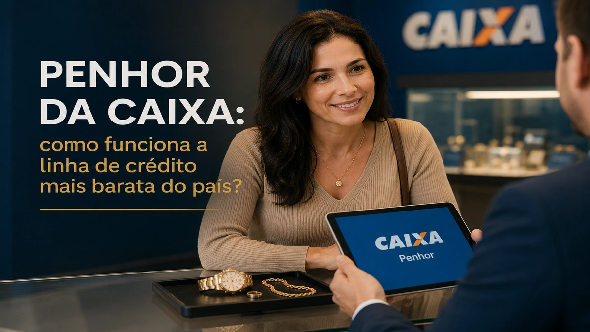 Cliente realizando penhor de joias na Caixa Econômica Federal para obter crédito com juros baixos, em ambiente moderno e profissional de atendimento financeiro