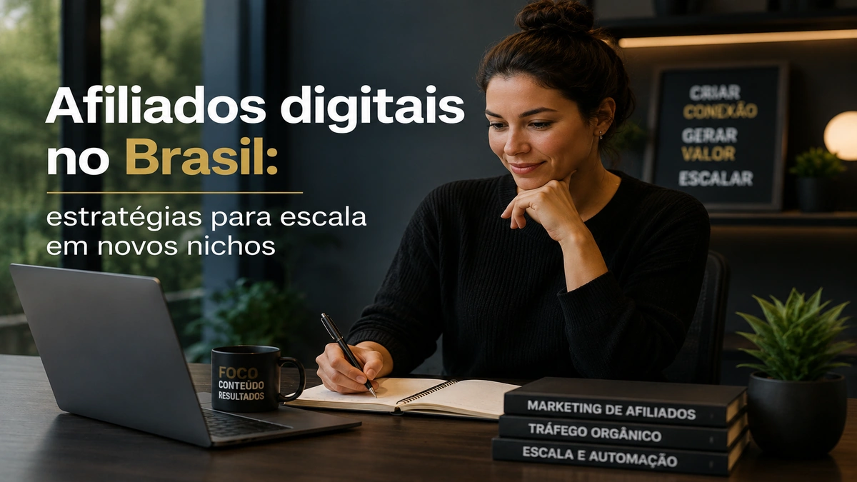 Mulher trabalhando com marketing de afiliados digitais em escritório moderno, planejando estratégias de escala e crescimento em novos nichos no mercado brasileiro