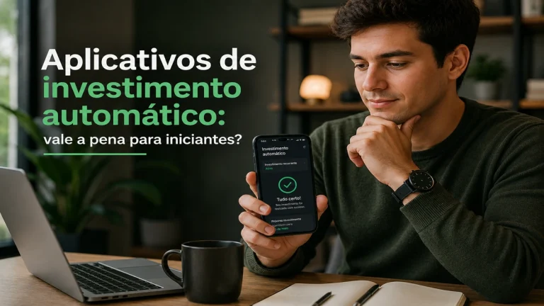 Homem analisando aplicativo de investimento automático no celular em escritório moderno, representando investimentos para iniciantes, finanças pessoais e tecnologia financeira
