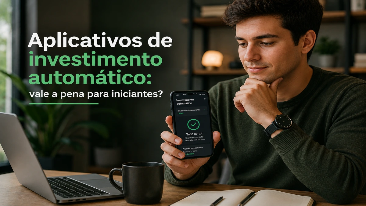 Homem analisando aplicativo de investimento automático no celular em escritório moderno, representando investimentos para iniciantes, finanças pessoais e tecnologia financeira