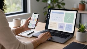 Pessoa usando um smartphone e um notebook em uma mesa de trabalho clara e organizada, com interfaces visuais minimalistas de produtividade nas telas, sem textos ou números. A cena mostra um ambiente moderno com caderno, caneta, xícara de café e plantas ao fundo, transmitindo rotina, organização e foco no uso de aplicativos para melhorar a produtividade no dia a dia.