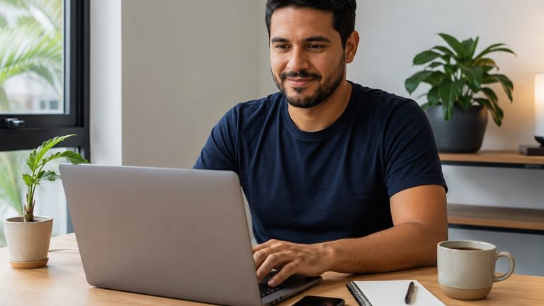 Homem sentado em uma mesa de trabalho organizada, usando um notebook em um ambiente claro e moderno. Sobre a mesa há um celular, um caderno com caneta, uma xícara de café, pequenas plantas decorativas e uma discreta pilha de dinheiro, sugerindo a busca por renda extra de forma simples, prática e acessível. A cena transmite produtividade, planejamento financeiro e tranquilidade em um espaço doméstico bem iluminado.