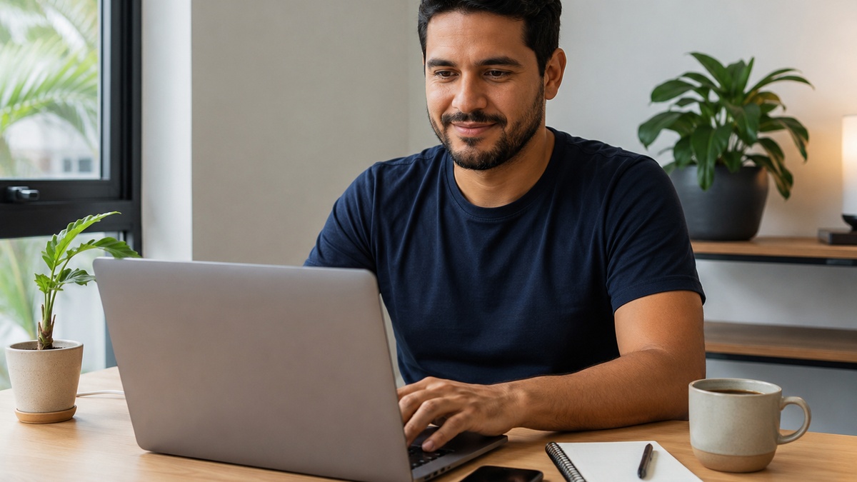 Homem sentado em uma mesa de trabalho organizada, usando um notebook em um ambiente claro e moderno. Sobre a mesa há um celular, um caderno com caneta, uma xícara de café, pequenas plantas decorativas e uma discreta pilha de dinheiro, sugerindo a busca por renda extra de forma simples, prática e acessível. A cena transmite produtividade, planejamento financeiro e tranquilidade em um espaço doméstico bem iluminado.