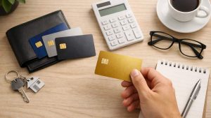 Mão segurando cartão dourado, carteira com cartões, calculadora, óculos, café, caderno, caneta e chave sobre mesa.