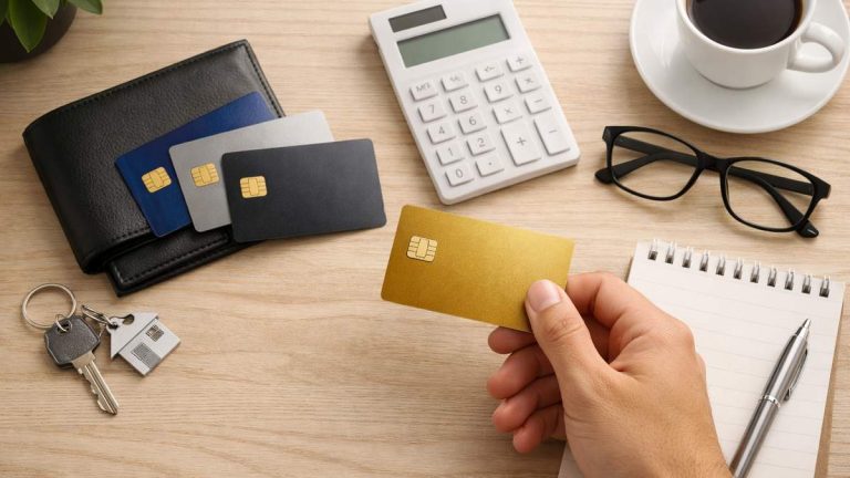 Mão segurando cartão dourado, carteira com cartões, calculadora, óculos, café, caderno, caneta e chave sobre mesa.