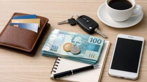 Carteira marrom com cartões, dinheiro, moedas, chave, caderno, caneta, celular branco e café em xícara branca.