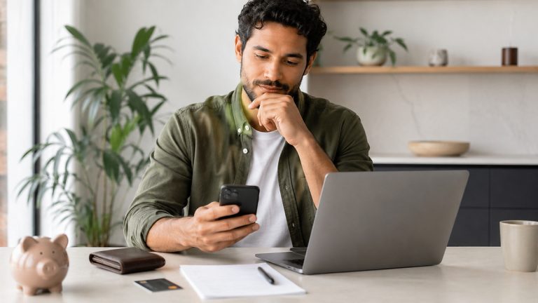 Homem sentado em uma mesa organizada, segurando um celular enquanto analisa informações financeiras em um notebook. Sobre a mesa há um cofrinho, uma carteira, um cartão bancário, uma folha em branco e uma caneta, sugerindo planejamento, comparação de opções e cuidado antes de solicitar um empréstimo pessoal. O ambiente é moderno, claro e minimalista, com plantas ao fundo e luz natural suave.